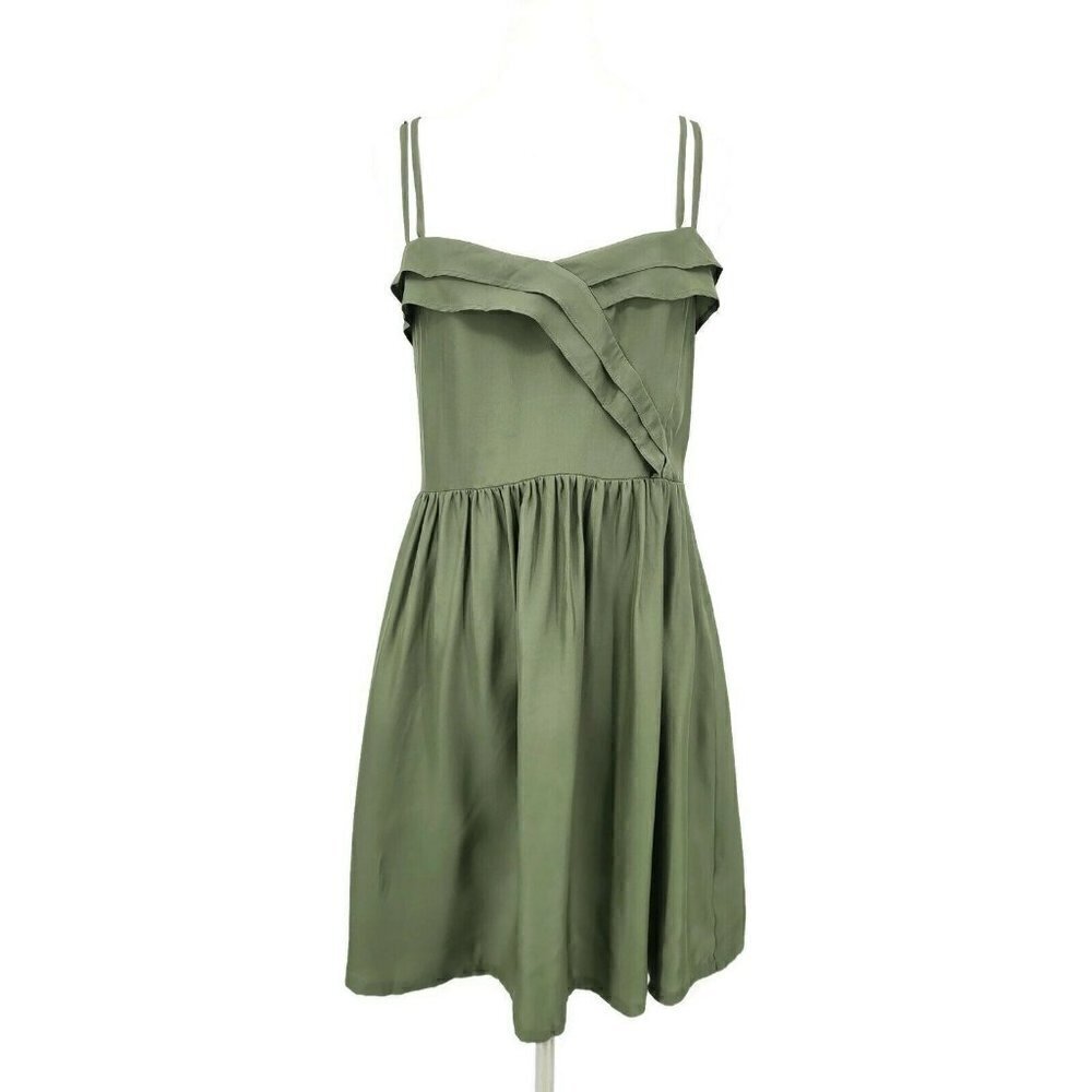 New LA Made Silk Mini Dress Womens M Olive Green Shirred